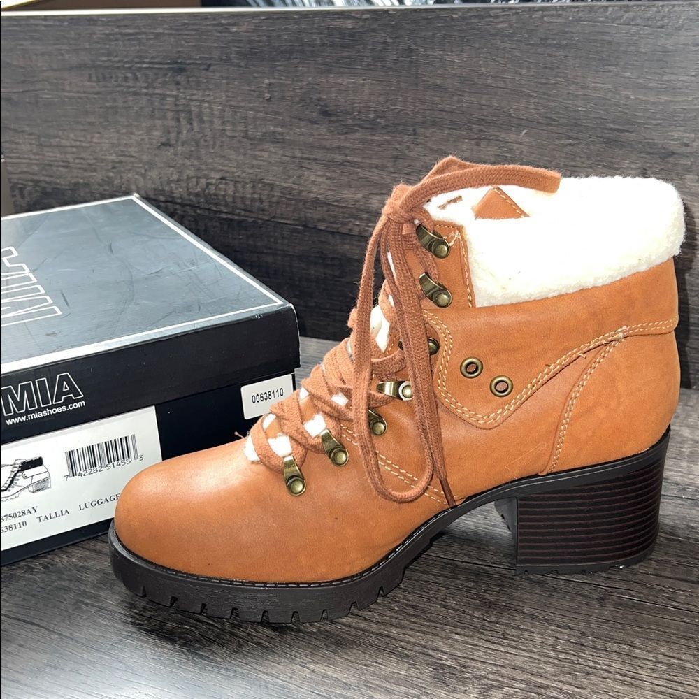MIA Women’s Size 10 Cognac Tallia Luggage Sherpa Faux Fur Heeled Hiker Boot NEW